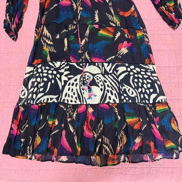 Farm Rio Black Macaws Flight Maxi Dress Tie Neck Leopard Tiered Animal Print XS - Picture 6 of 10